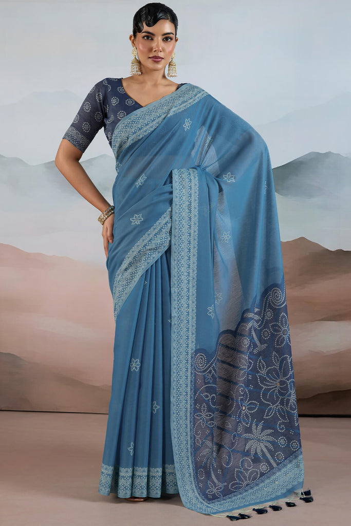 Dusky Blue Pure Cotton Viscose Silk Saree