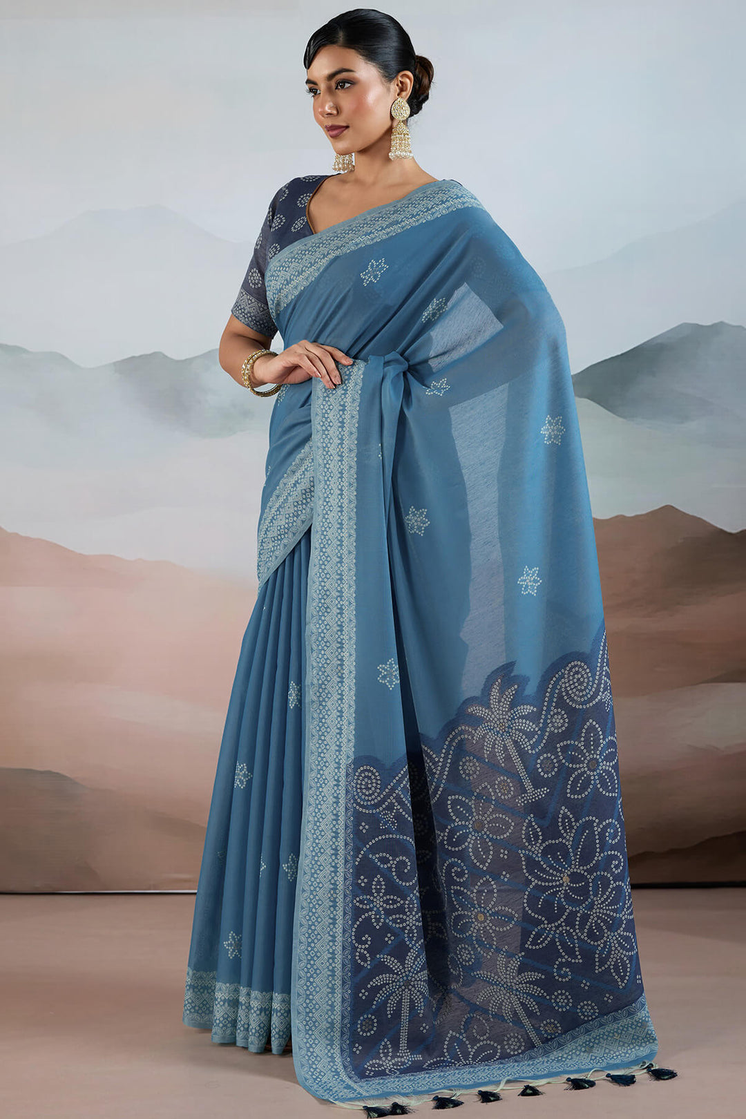 Dusky Blue Pure Cotton Viscose Silk Saree