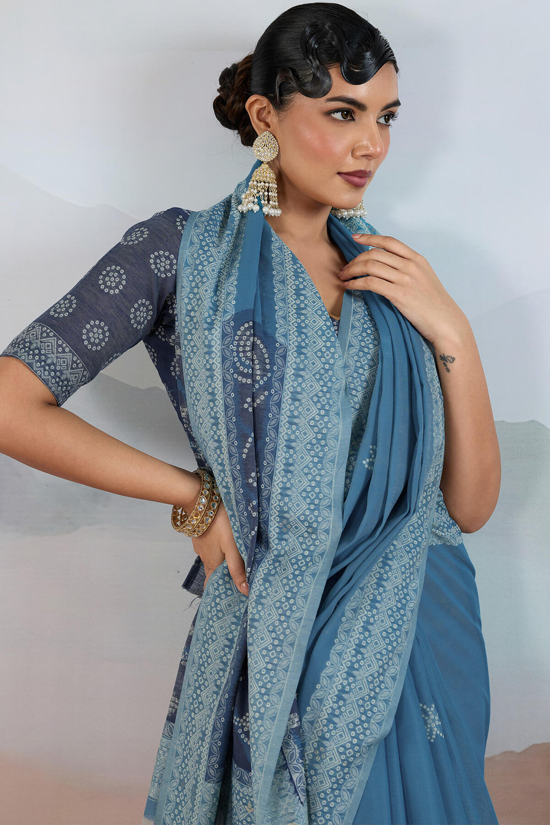 Dusky Blue Pure Cotton Viscose Silk Saree