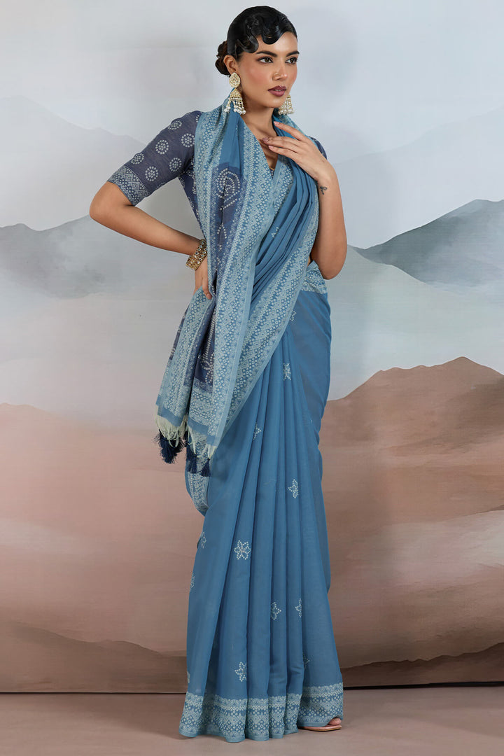 Dusky Blue Pure Cotton Viscose Silk Saree