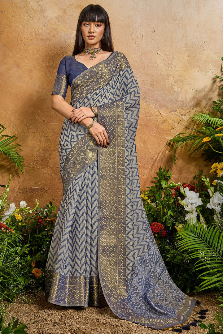 Dusky Blue Viscose Cotton Patola Silk Saree