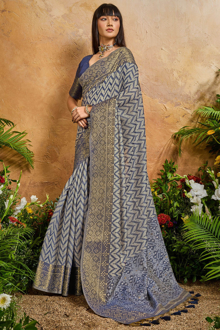 Dusky Blue Viscose Cotton Patola Silk Saree