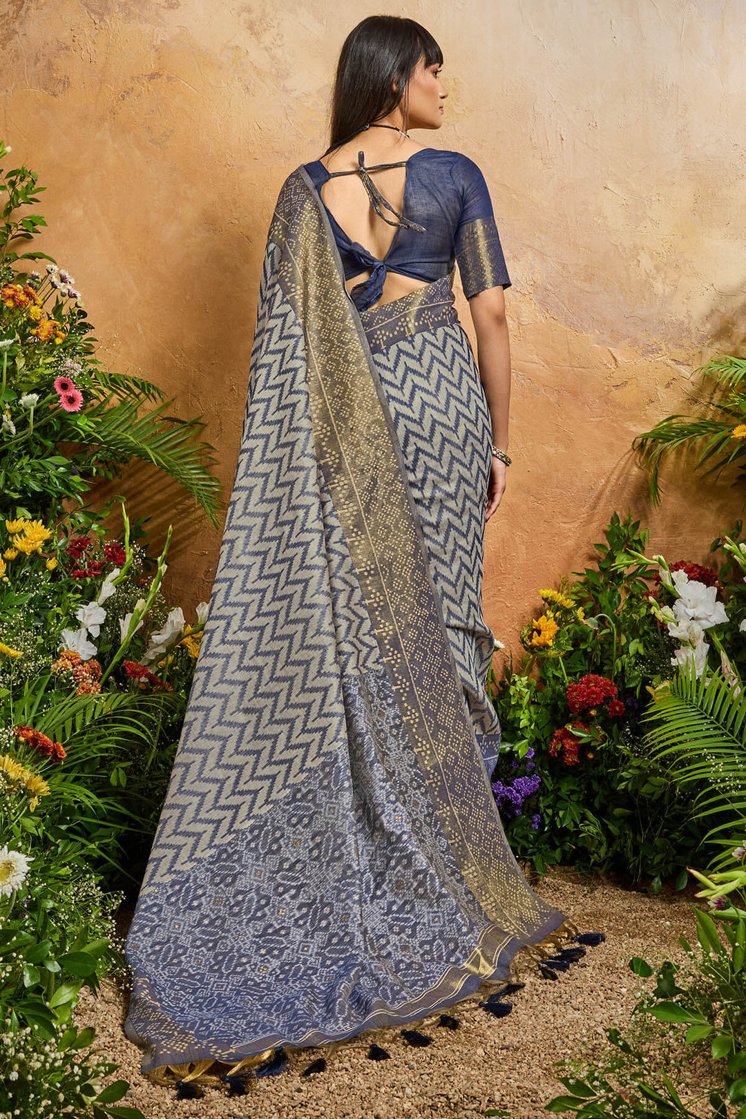 Dusky Blue Viscose Cotton Patola Silk Saree