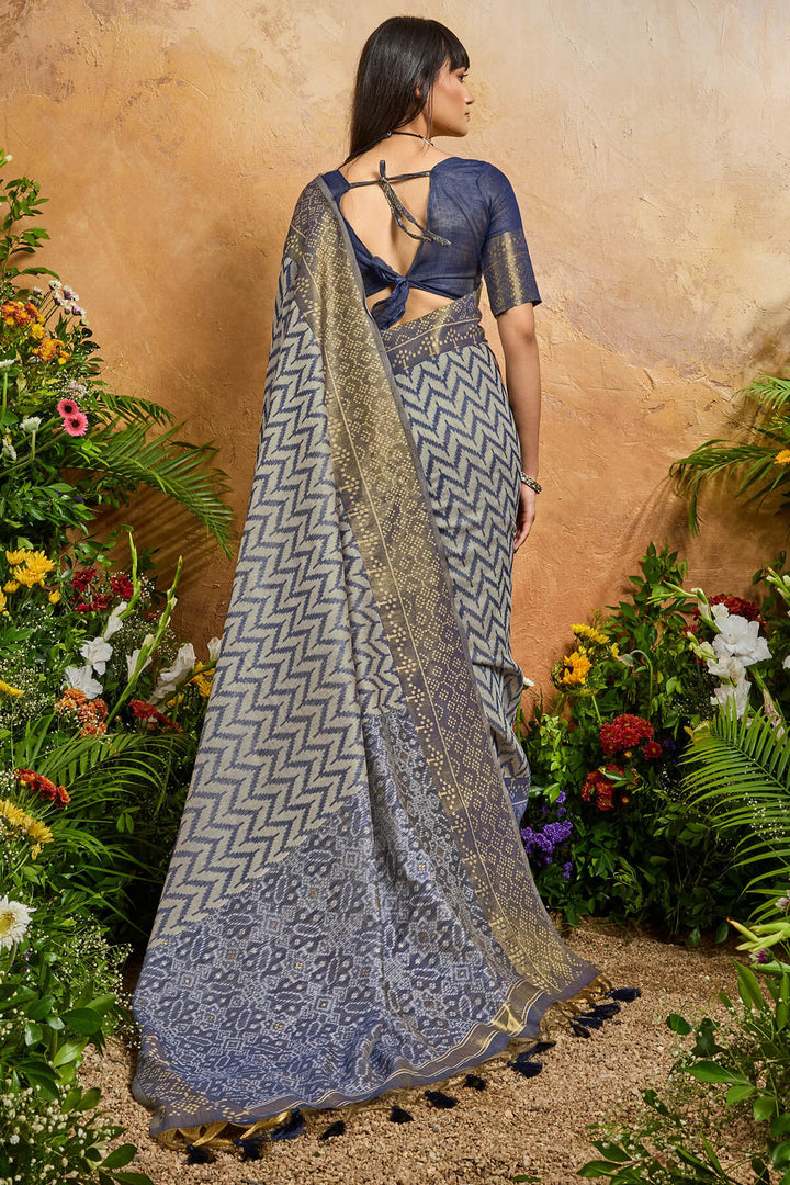 Dusky Blue Viscose Cotton Patola Silk Saree