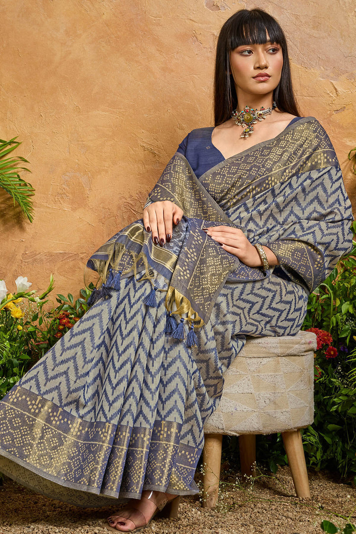 Dusky Blue Viscose Cotton Patola Silk Saree