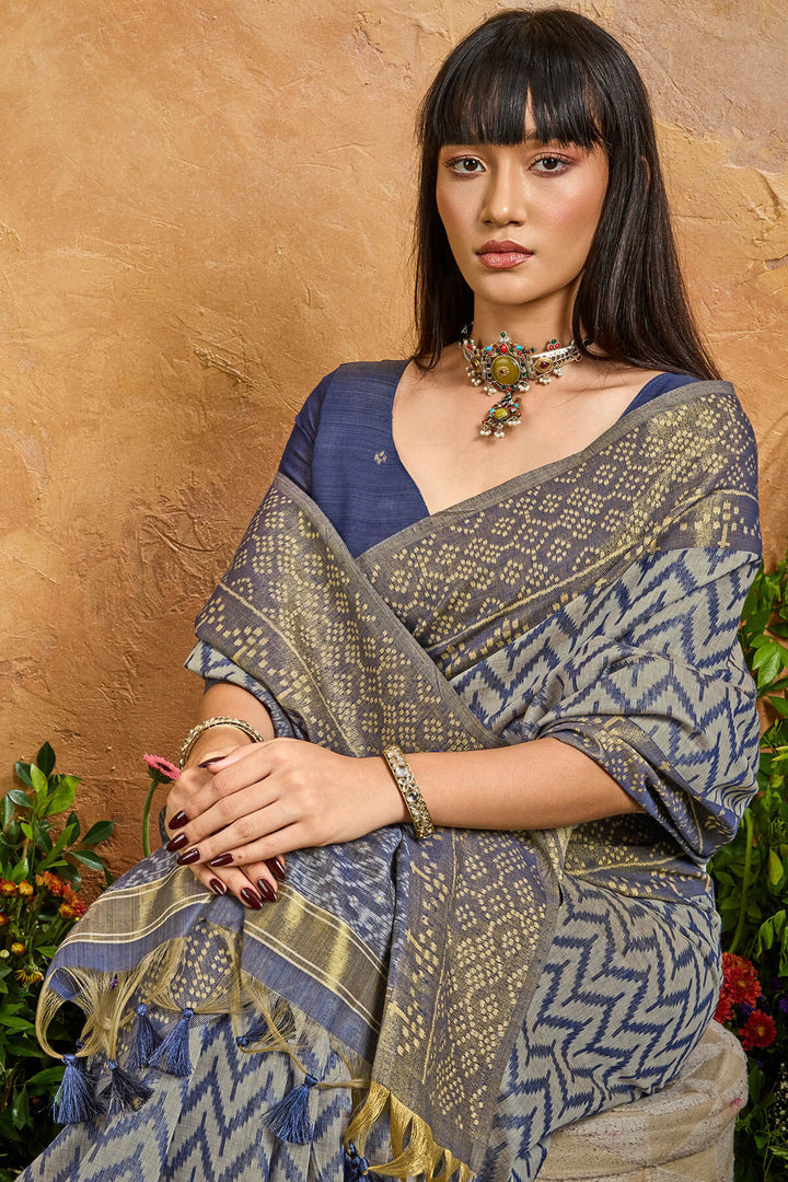 Dusky Blue Viscose Cotton Patola Silk Saree