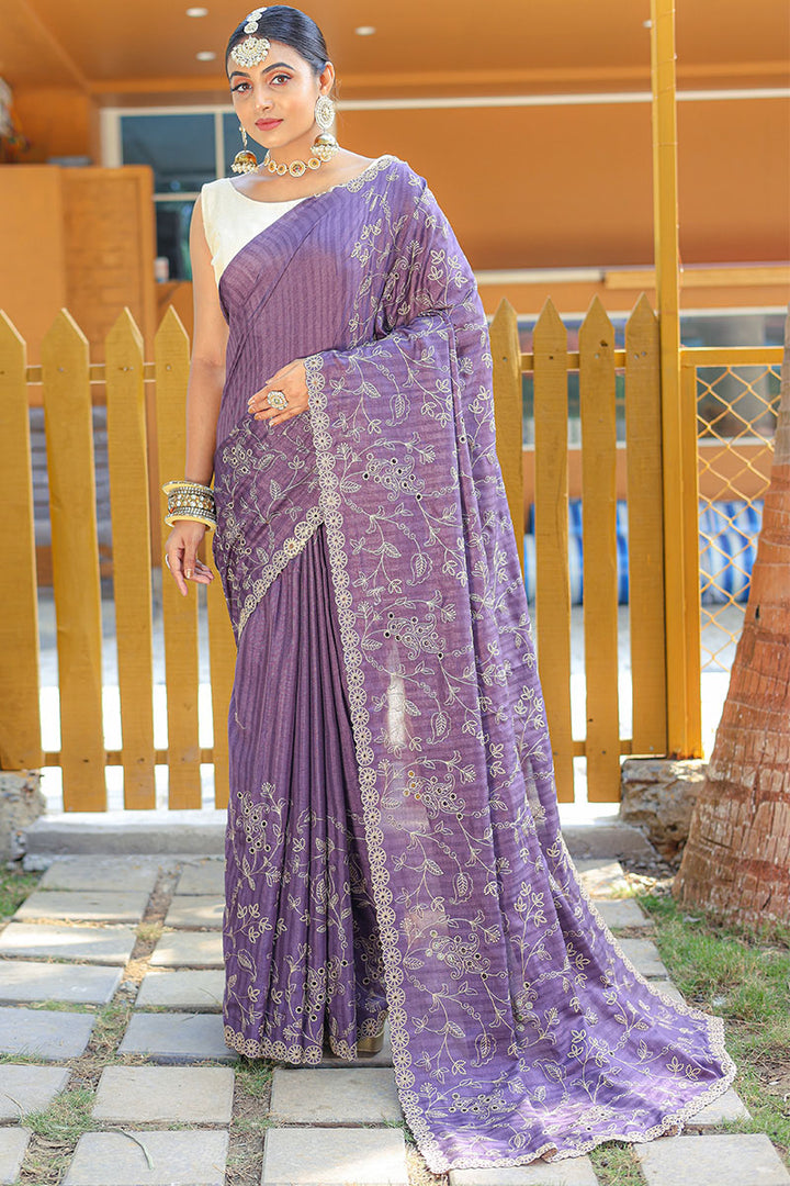 Dusky Purple Embroidered Work Soft Silk Saree