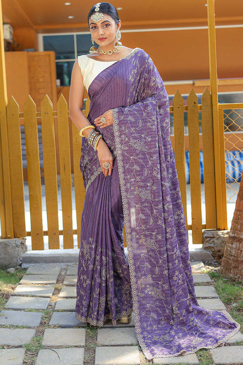 Dusky Purple Embroidered Work Soft Silk Saree