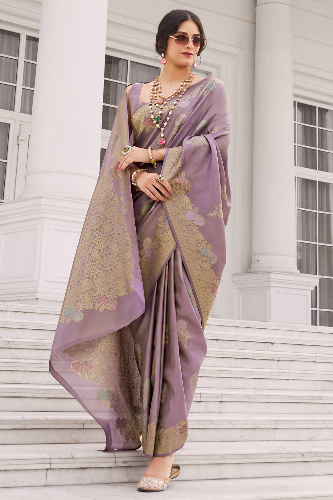 Dusky Purple Zari Woven Banarasi Tissue Silk Saree