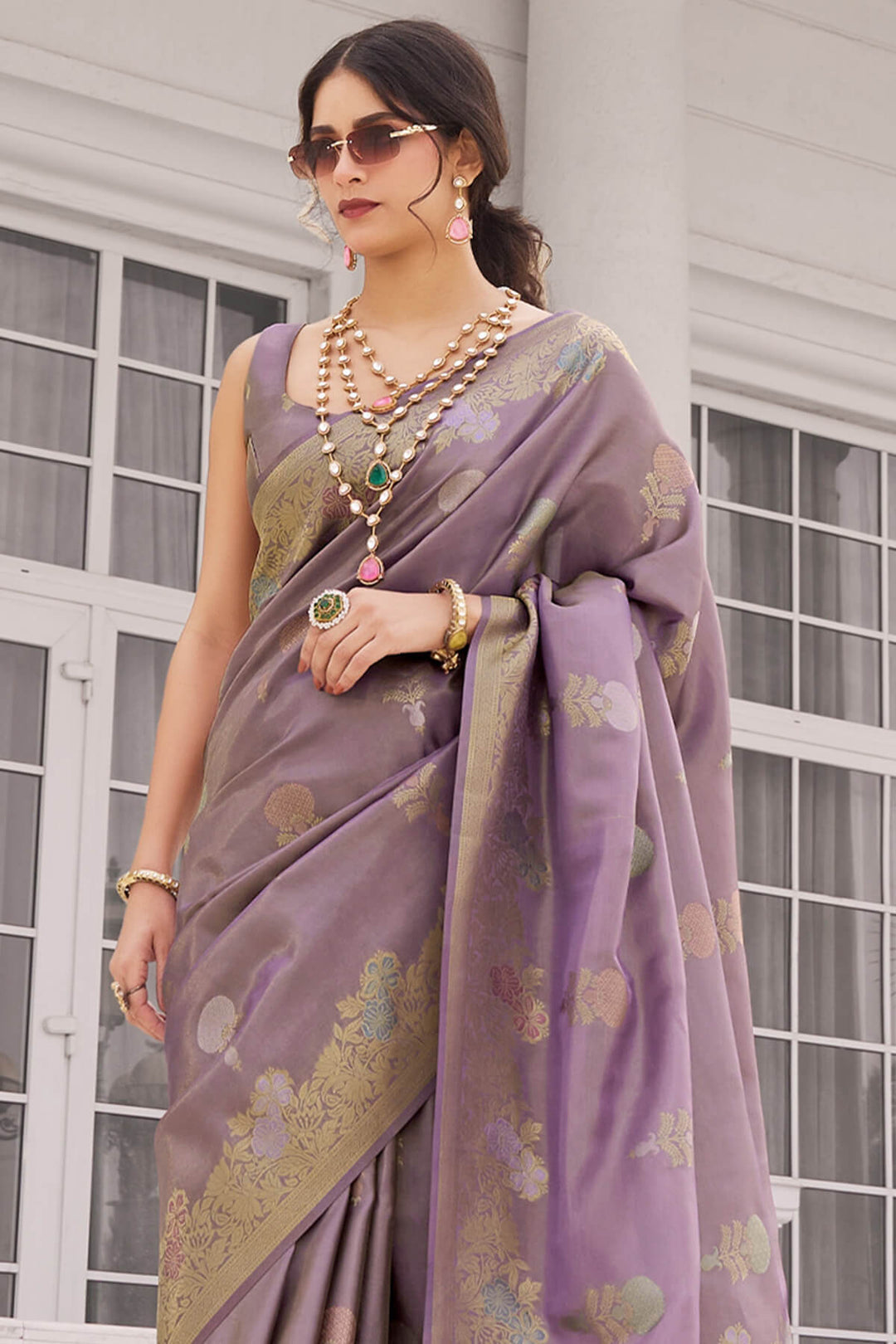 Dusky Purple Zari Woven Banarasi Tissue Silk Saree