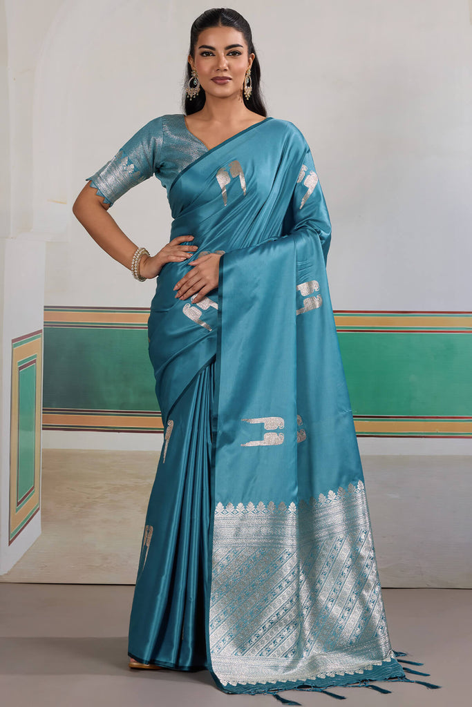 Dusty Blue Banarasi Satin Silk Saree