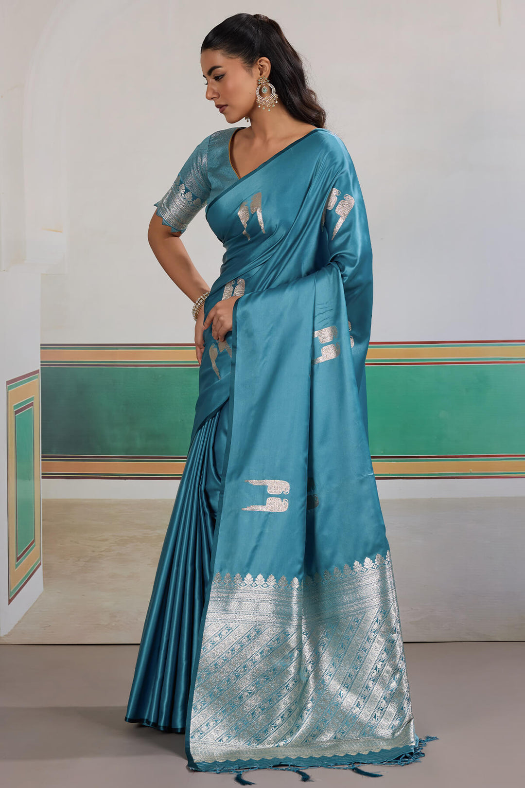 Dusty Blue Banarasi Satin Silk Saree