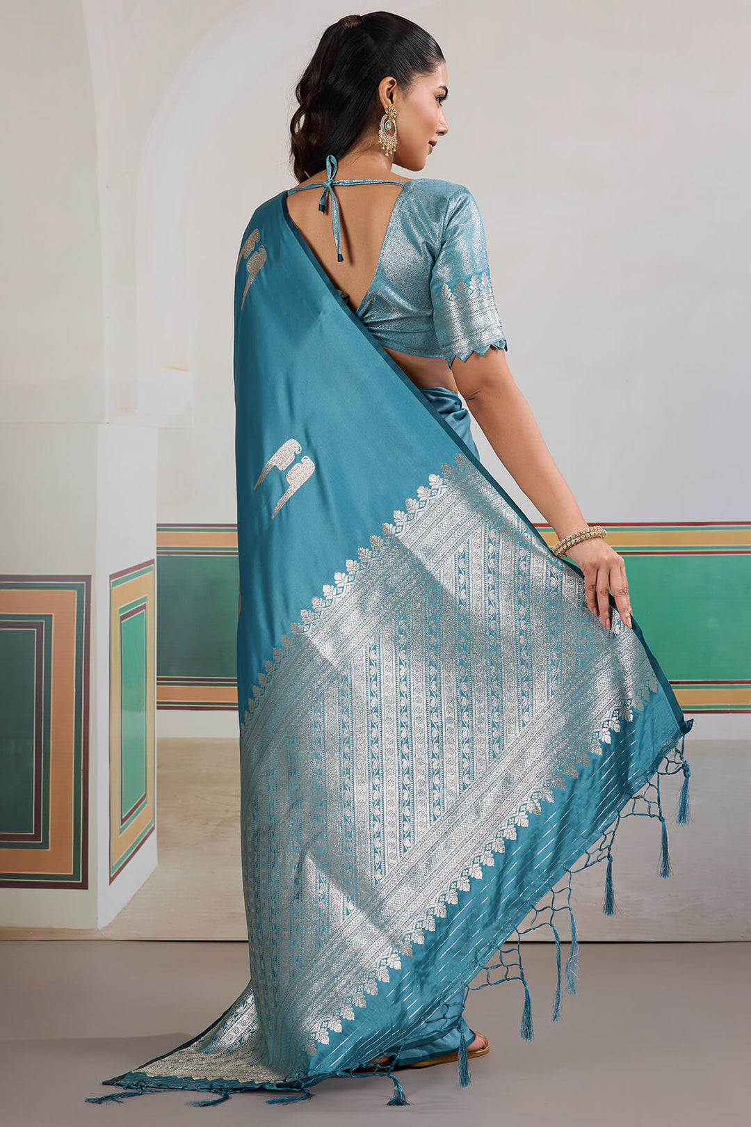 Dusty Blue Banarasi Satin Silk Saree