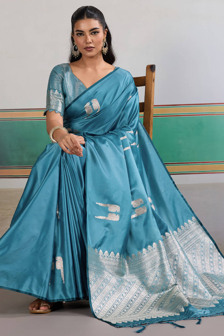 Dusty Blue Banarasi Satin Silk Saree