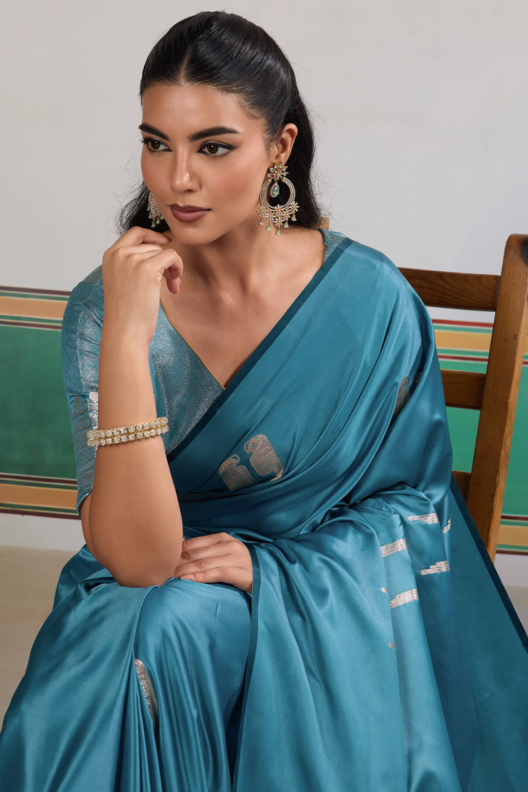 Dusty Blue Banarasi Satin Silk Saree