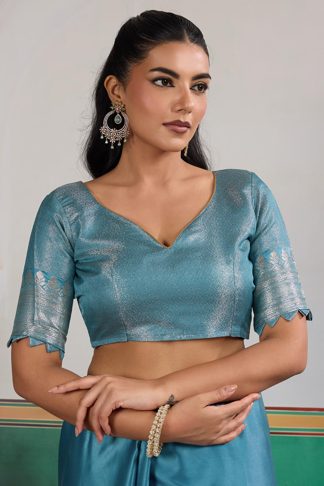 Dusty Blue Banarasi Satin Silk Saree