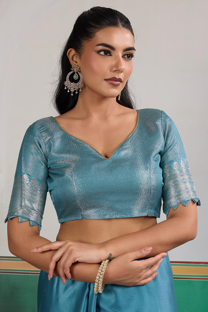 Dusty Blue Banarasi Satin Silk Saree