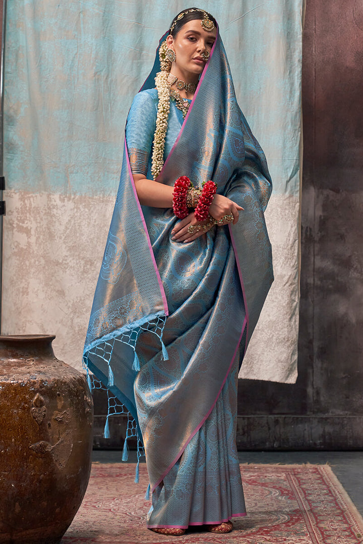 Dusty Blue Kanjivaram Handloom Silk Saree