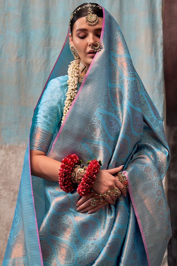 Dusty Blue Kanjivaram Handloom Silk Saree