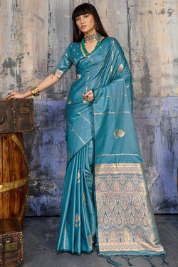 Dusty Blue Zari woven Banarasi Satin silk saree