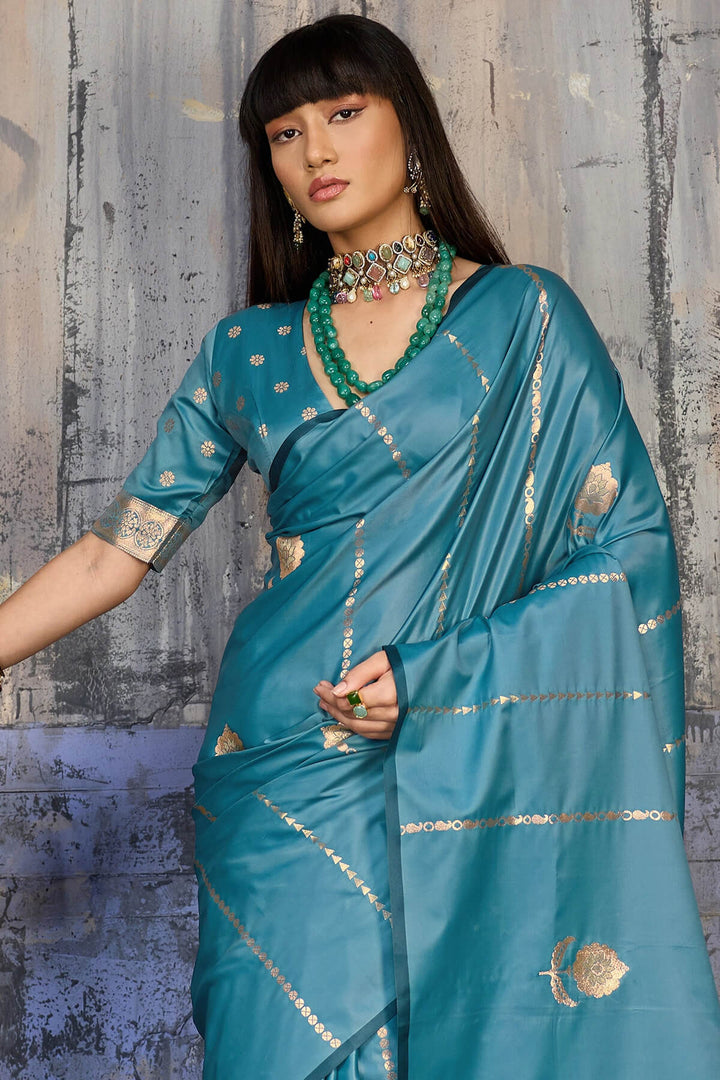Dusty Blue Zari woven Banarasi Satin silk saree