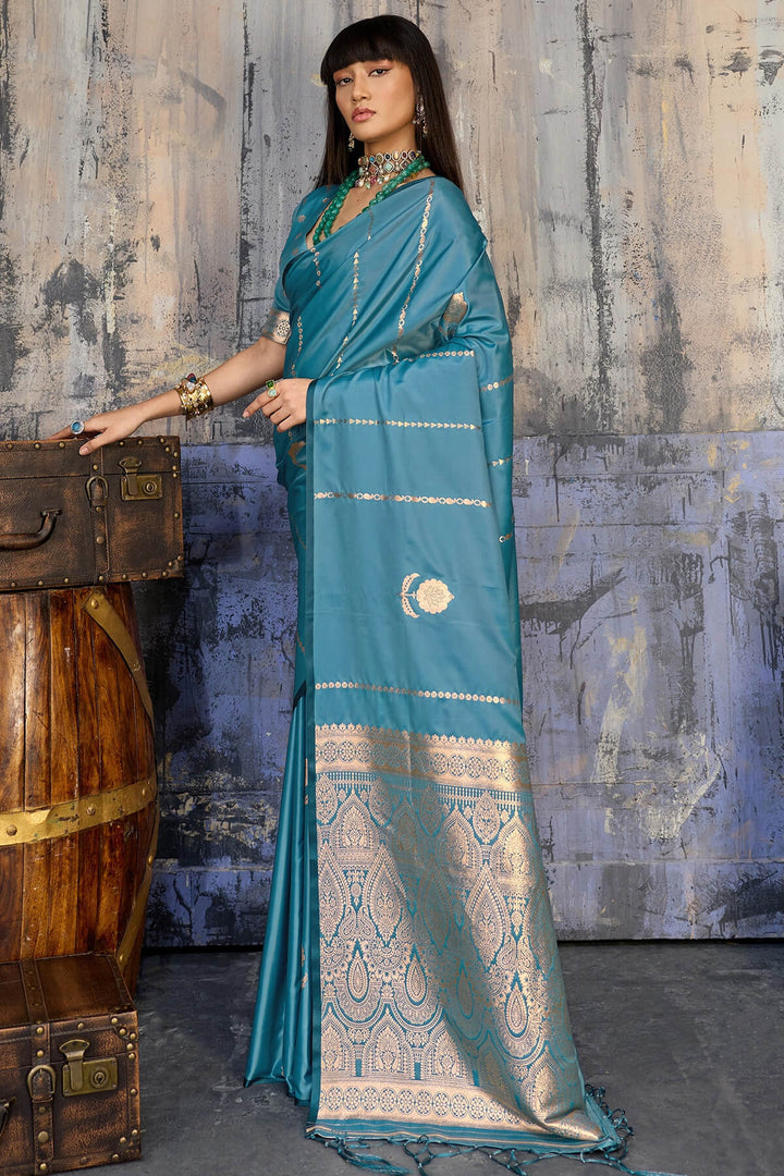 Dusty Blue Zari woven Banarasi Satin silk saree