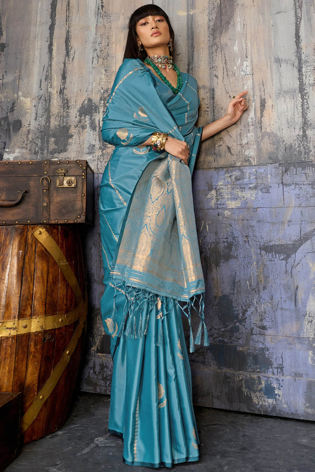 Dusty Blue Zari woven Banarasi Satin silk saree