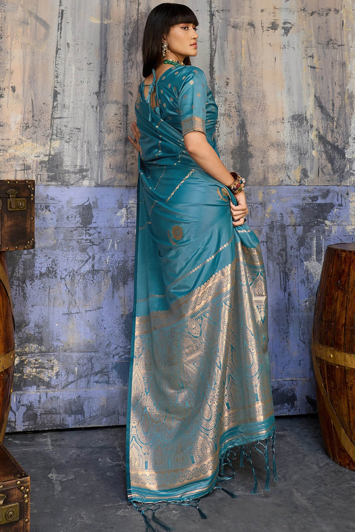 Dusty Blue Zari woven Banarasi Satin silk saree