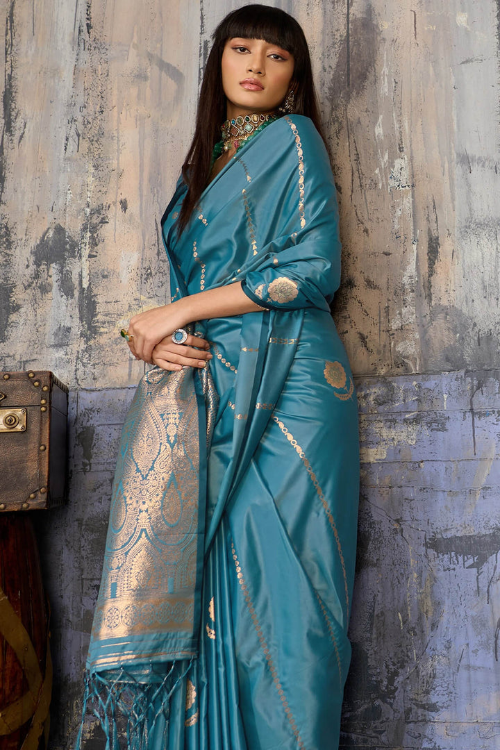 Dusty Blue Zari woven Banarasi Satin silk saree