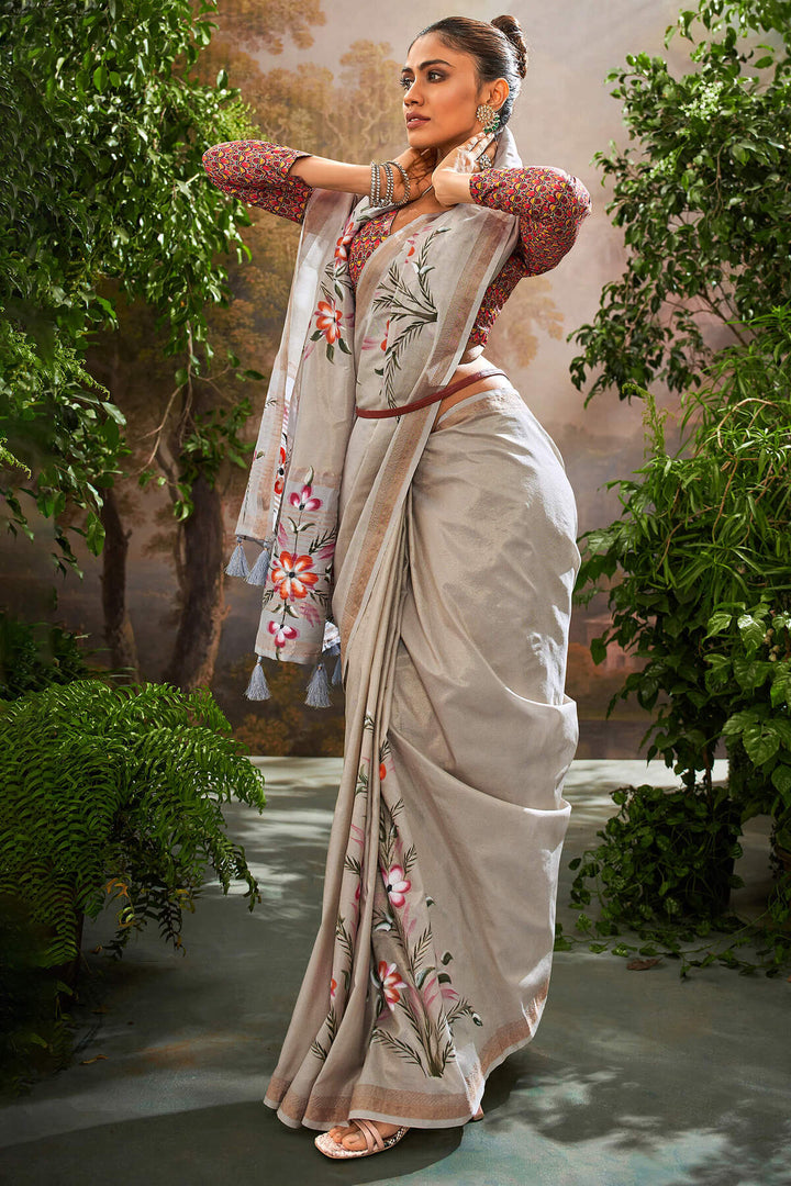 Dusty Grey Brush Printed Linen Tissue Silk Saree