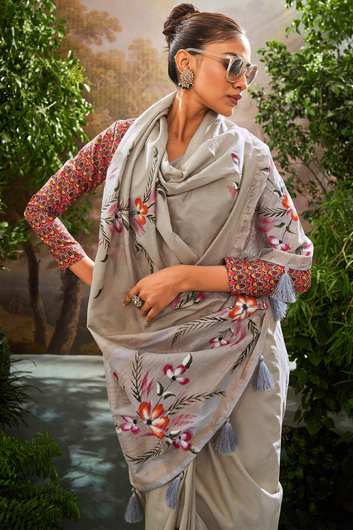 Dusty Grey Brush Printed Linen Tissue Silk Saree