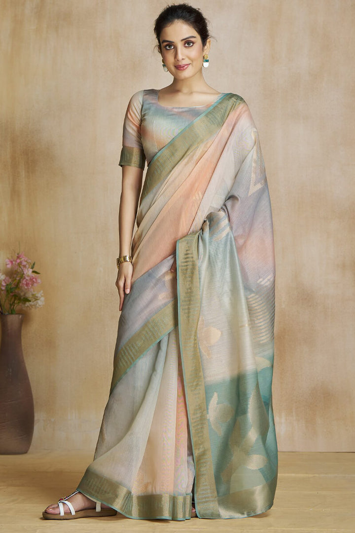 Dusty Grey Silk Saree with Digital Print