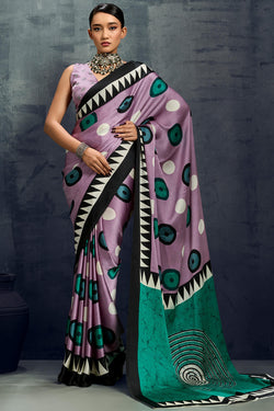 Dusty Lavender Ajrakh Printed Satin Crepe Silk Saree