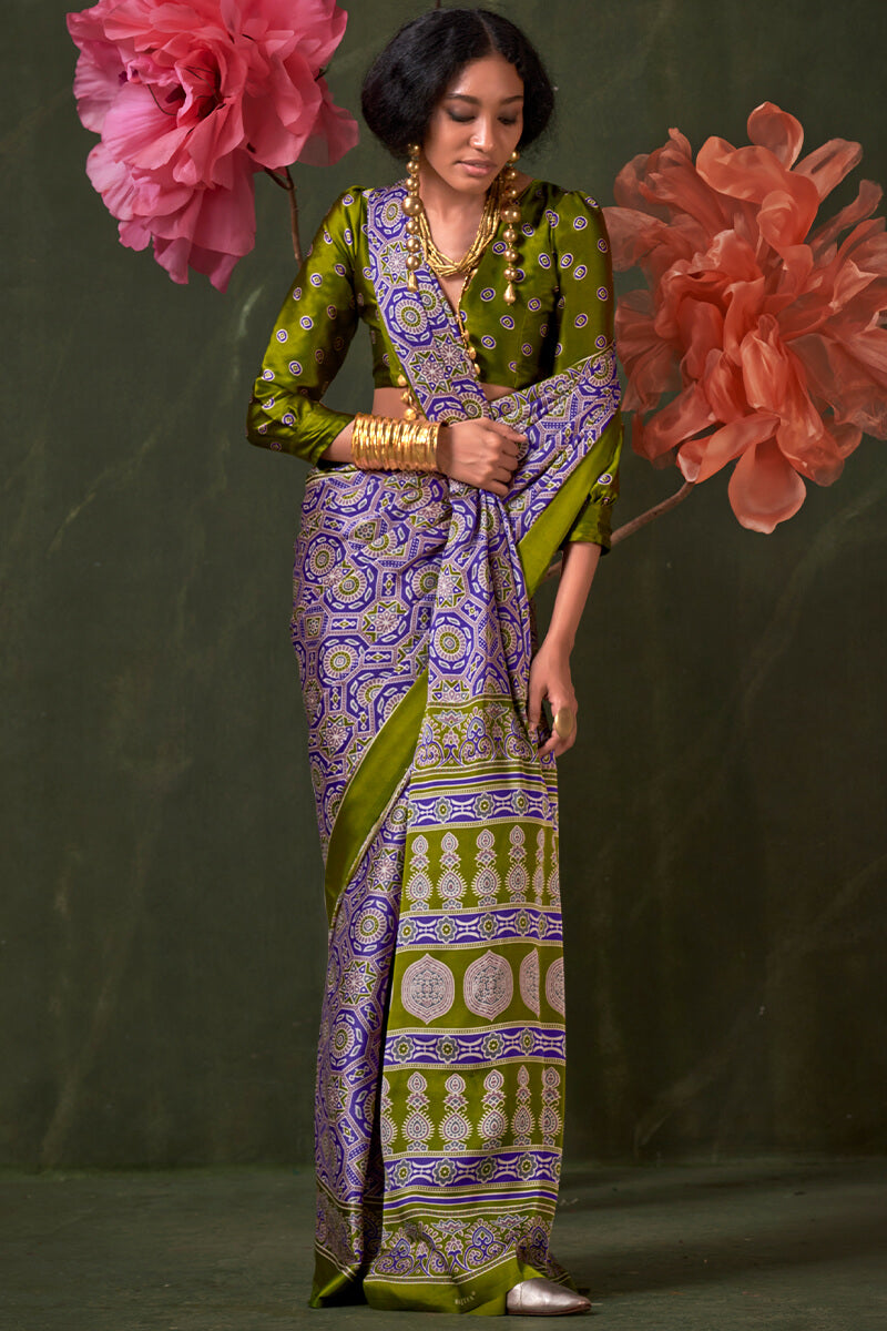 Dusty Lavender Ajrakh Printed Satin Silk Saree