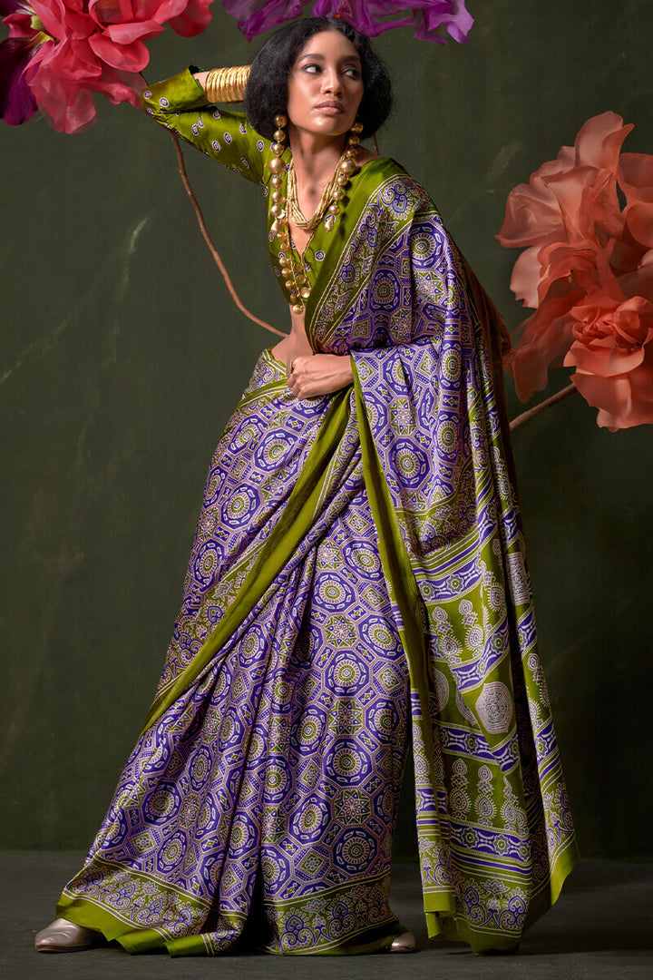 Dusty Lavender Ajrakh Printed Satin Silk Saree