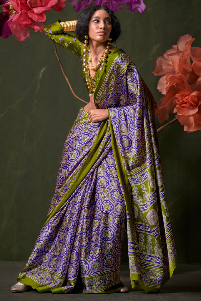 Dusty Lavender Ajrakh Printed Satin Silk Saree