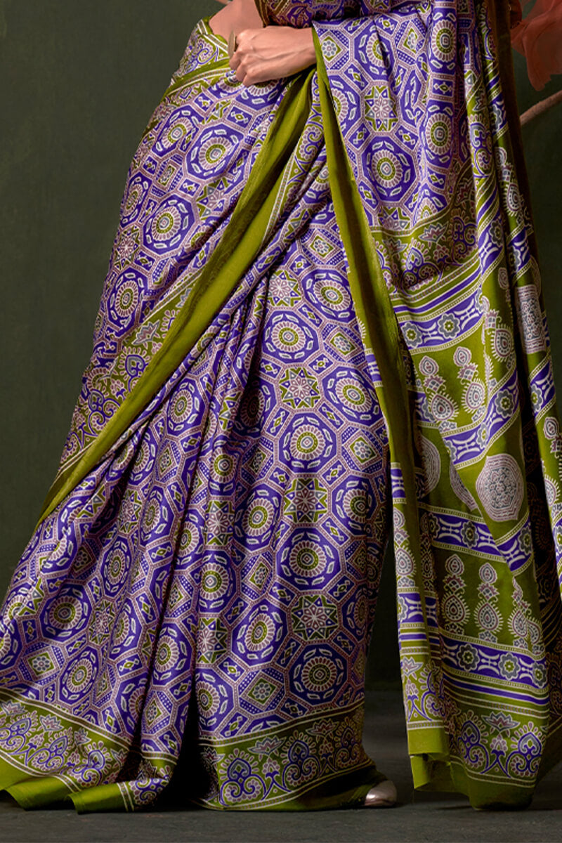 Dusty Lavender Ajrakh Printed Satin Silk Saree