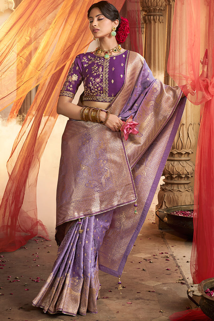 Dusty Lavender Banarasi Satin Silk Saree with Embroidery Blouse