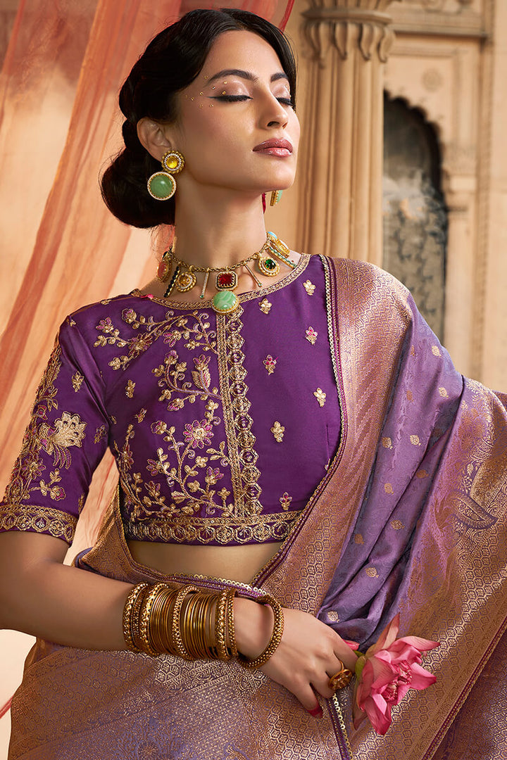 Dusty Lavender Banarasi Satin Silk Saree with Embroidery Blouse