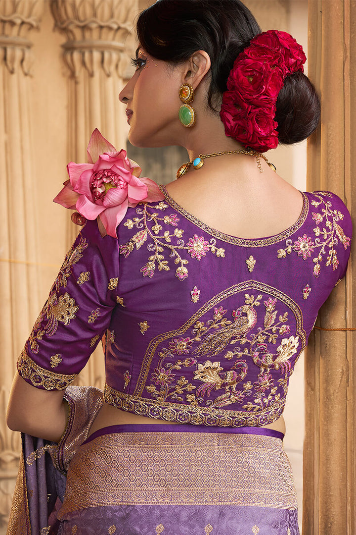 Dusty Lavender Banarasi Satin Silk Saree with Embroidery Blouse