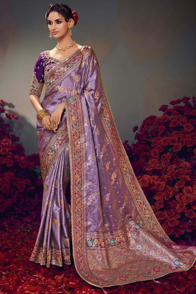 Dusty Lavender Banarasi Satin Silk Saree With Fancy Lace Border and Embroidery Blouse