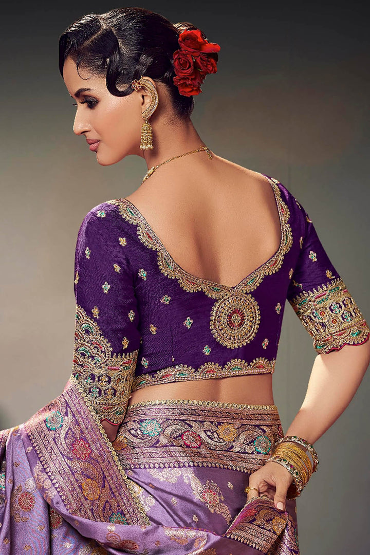 Dusty Lavender Banarasi Satin Silk Saree With Fancy Lace Border and Embroidery Blouse