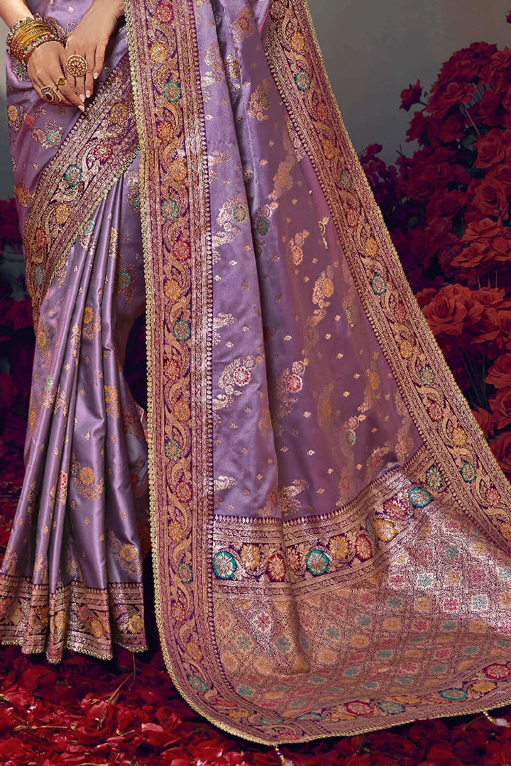 Dusty Lavender Banarasi Satin Silk Saree With Fancy Lace Border and Embroidery Blouse