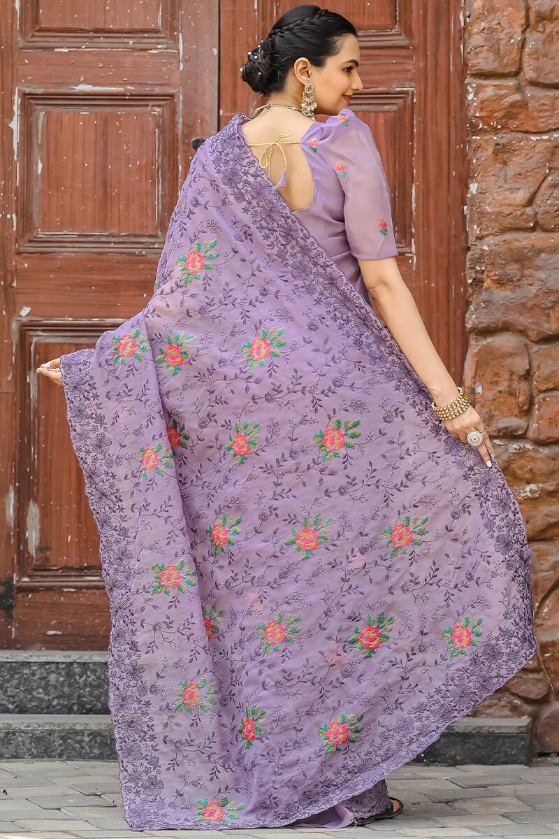 Dusty Lavender Emboroidey Worked Chiffon Saree