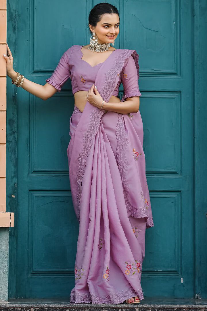 Dusty Lavender Embroidered Work Cotton Saree