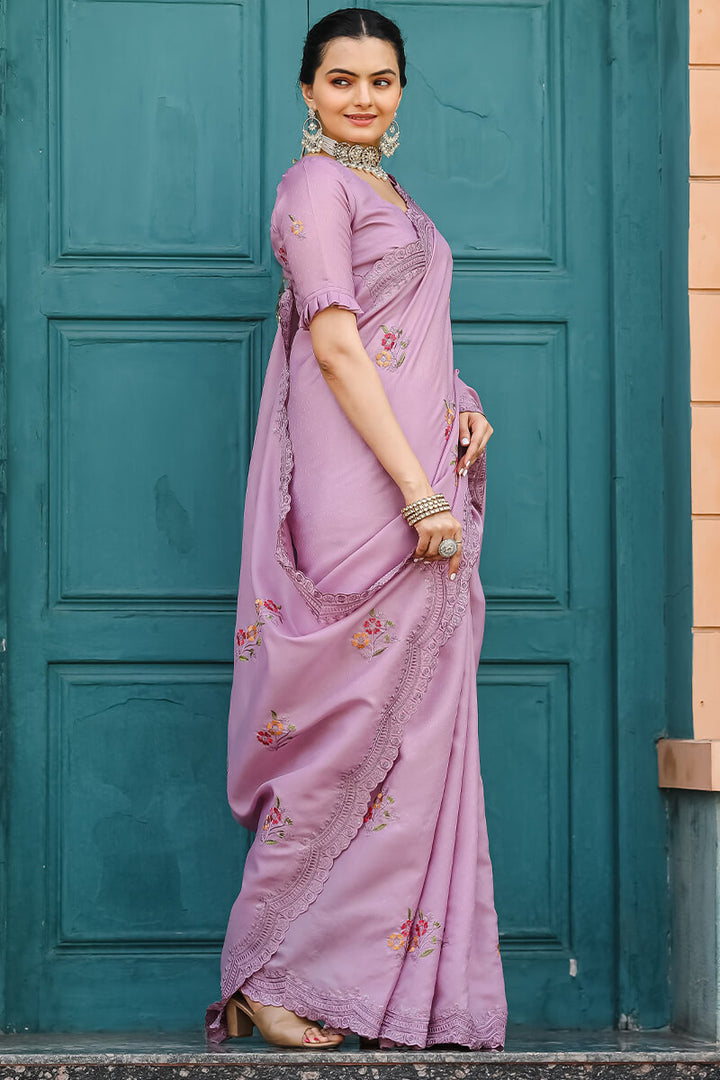 Dusty Lavender Embroidered Work Cotton Saree