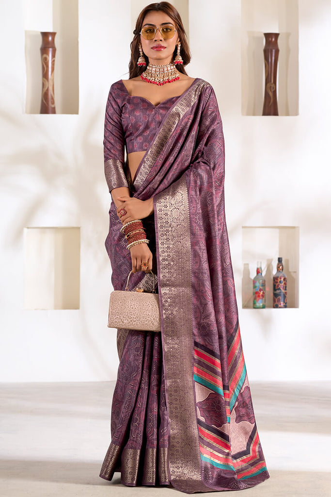 Dusty Lavender Foil Printed Dola silk saree