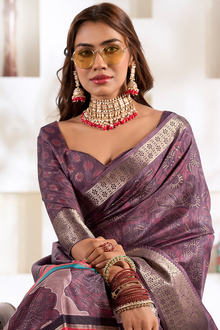 Dusty Lavender Foil Printed Dola silk saree