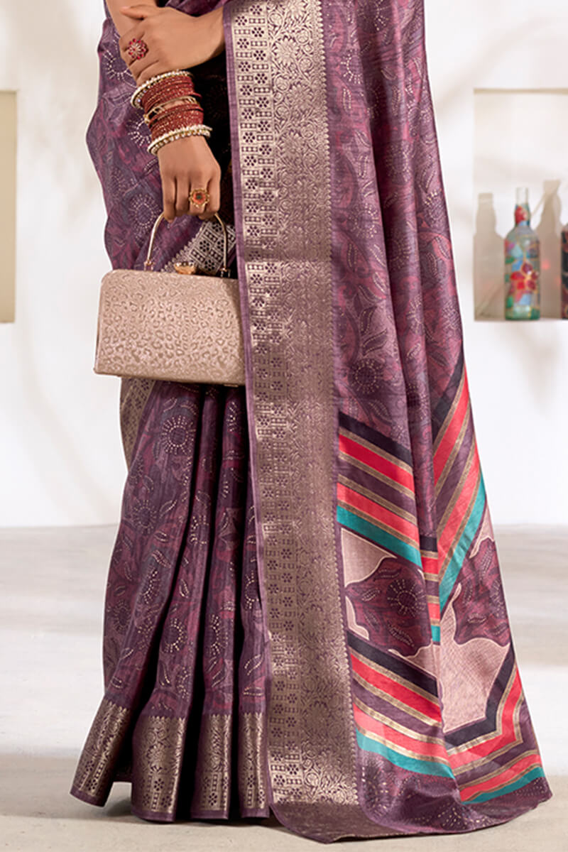 Dusty Lavender Foil Printed Dola silk saree