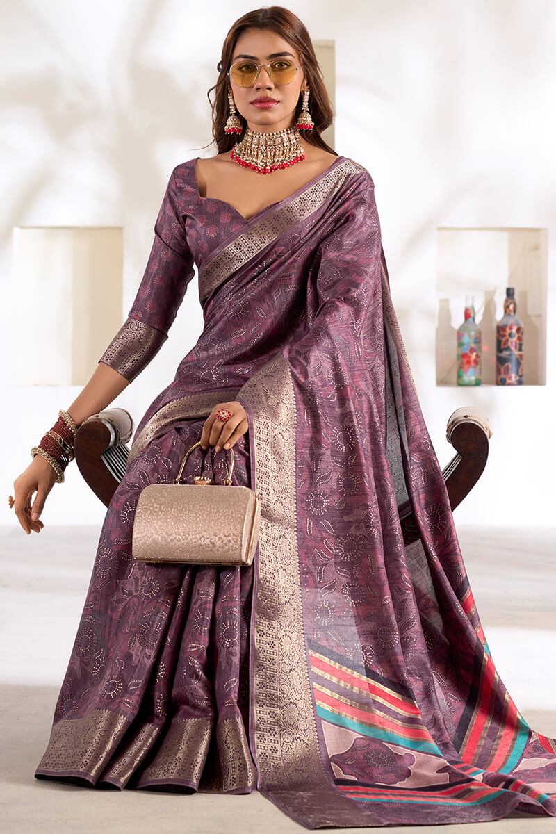 Dusty Lavender Foil Printed Dola silk saree